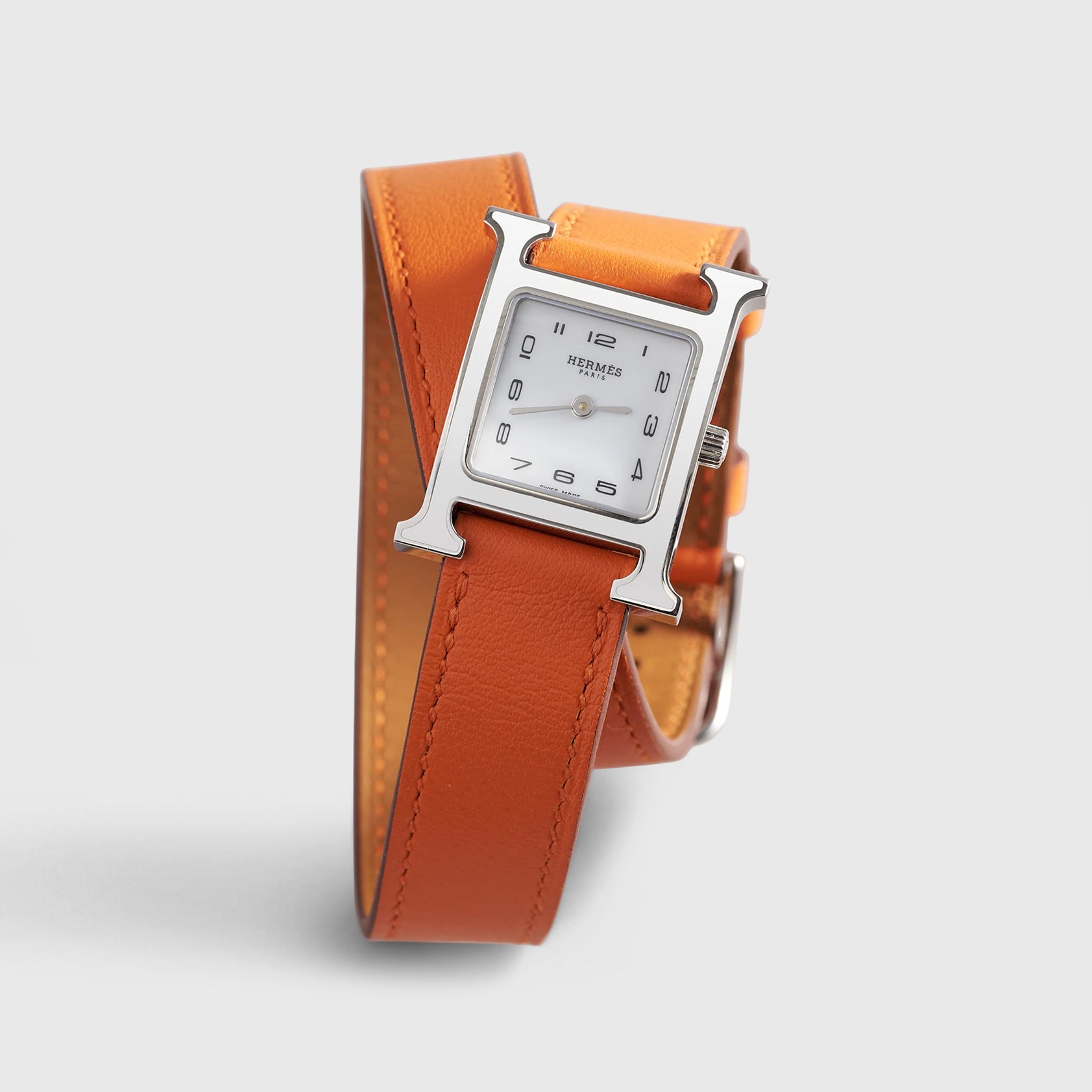 Hermès Heure H Double Tour Watch 25mm Orange White Dial Palladium Hardware - eliteUSA 
