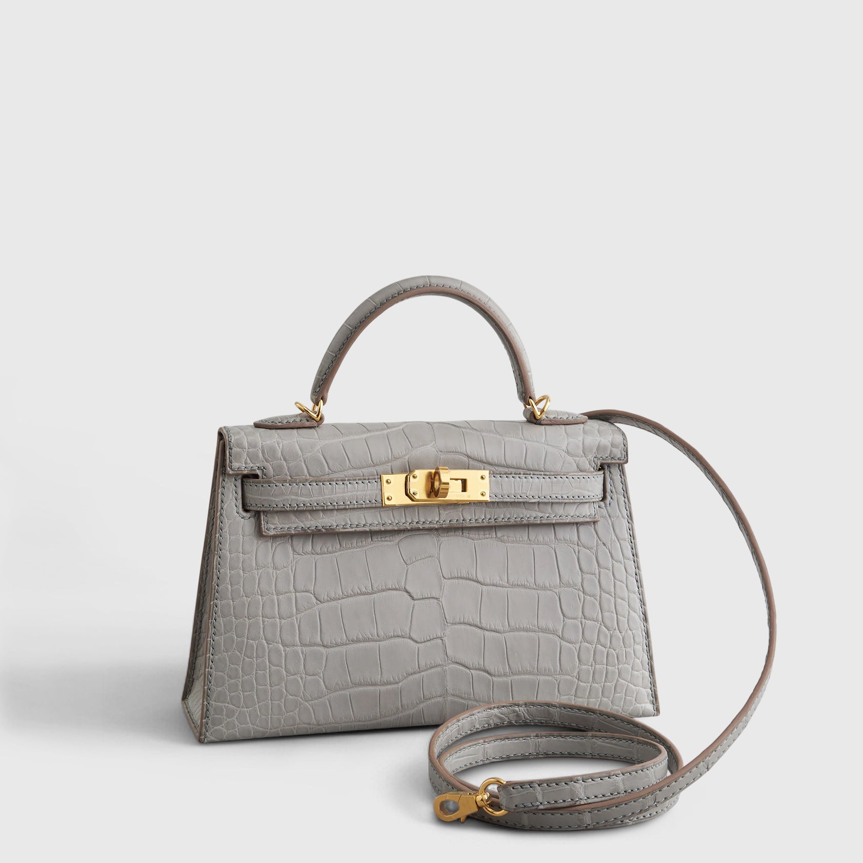 Hermès Kelly Mini Alligator Gris Perle Matte Gold Hardware - eliteUSA 