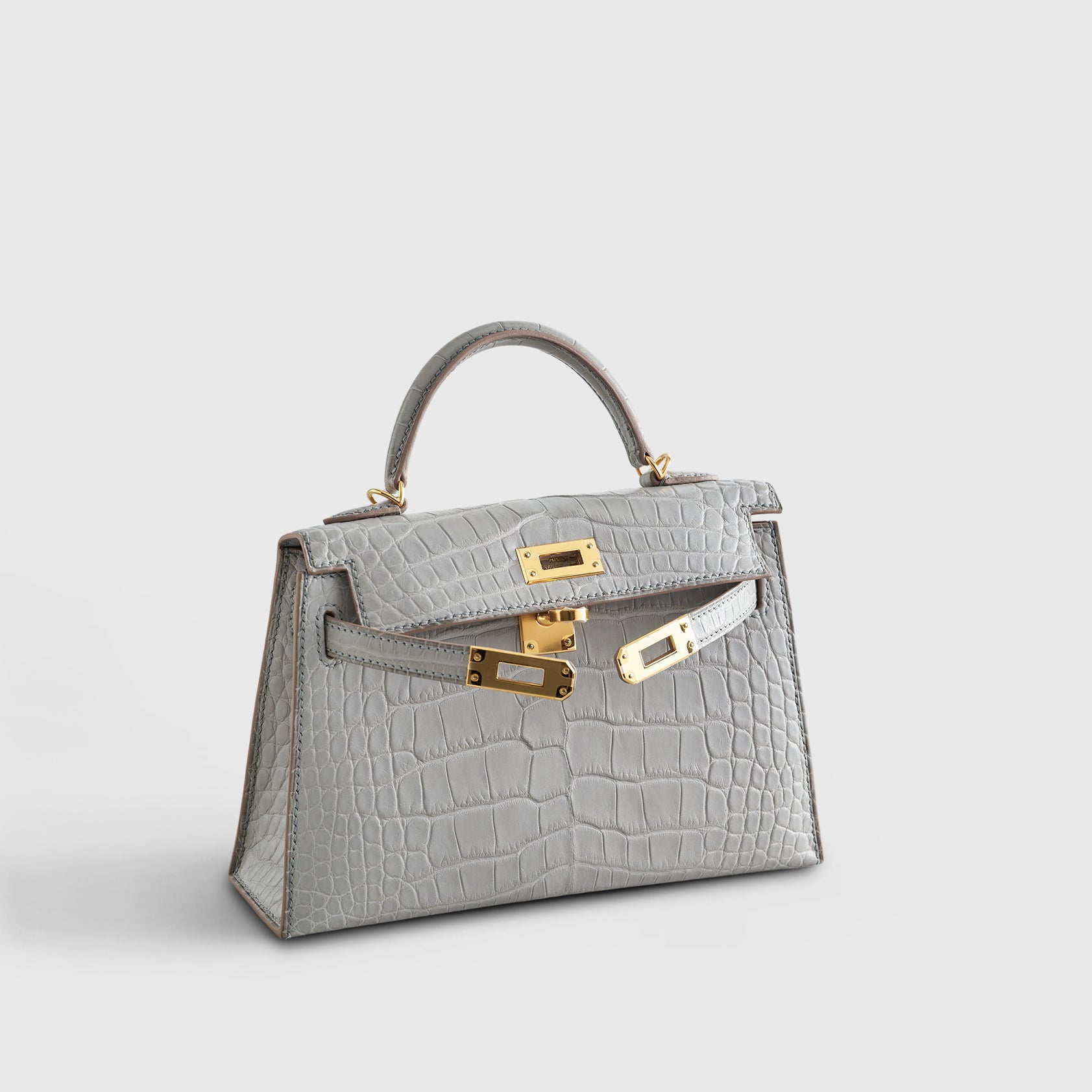 Hermès Kelly Mini Alligator Gris Perle Matte Gold Hardware - eliteUSA 