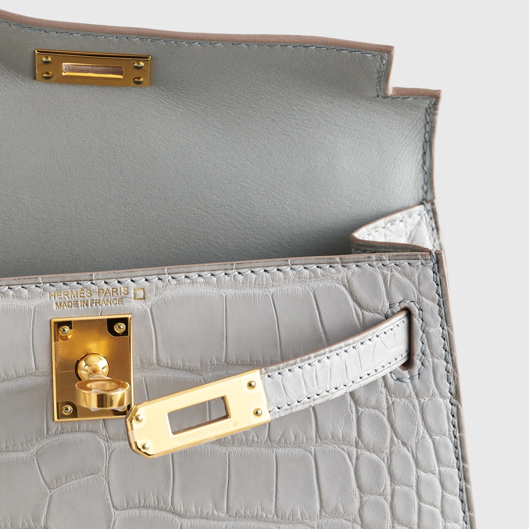 Hermès Kelly Mini Alligator Gris Perle Matte Gold Hardware - eliteUSA 