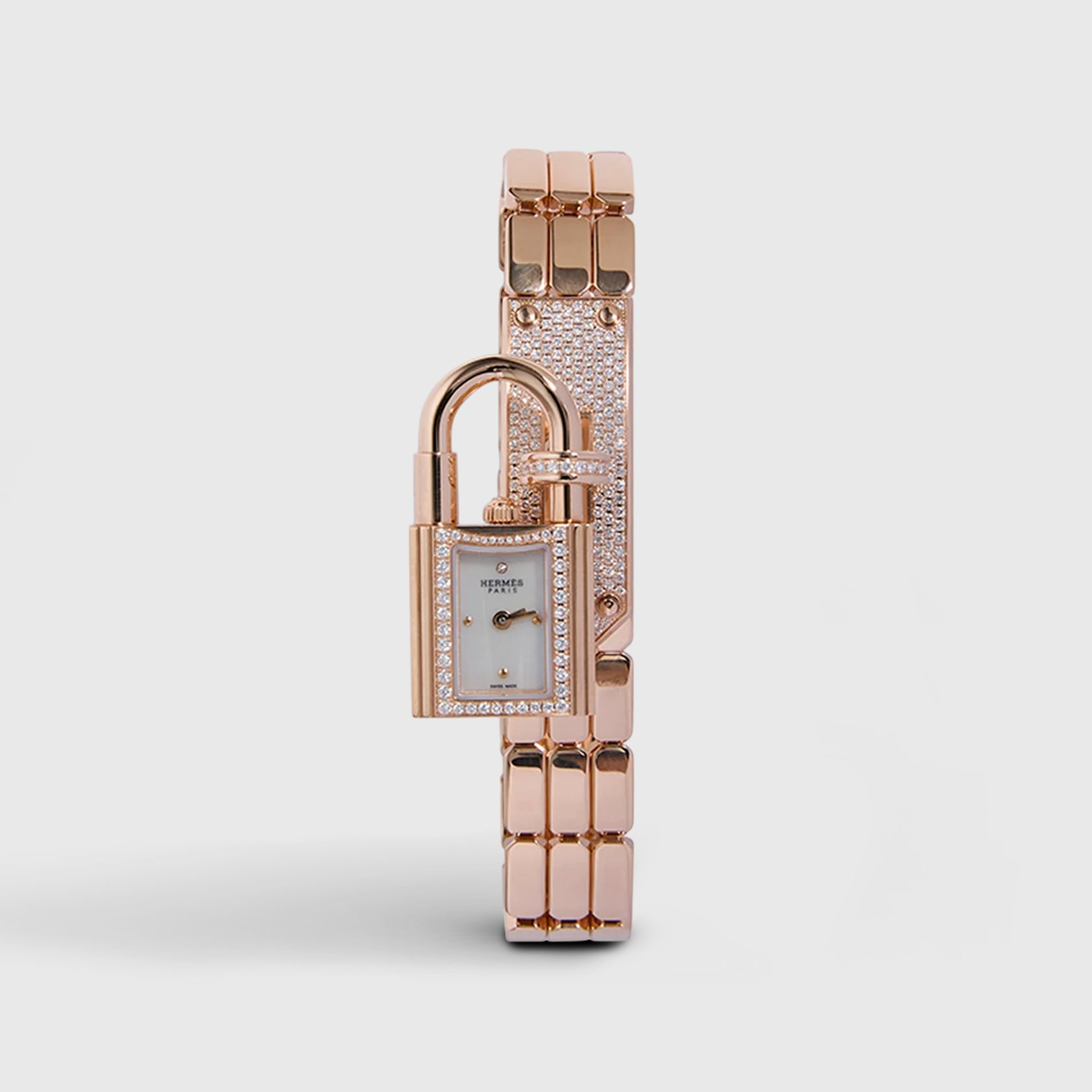 Hermès Kelly Mini Model Watch 16 mm Stainless Steel Rose Gold Hardware w/Diamond Buckle