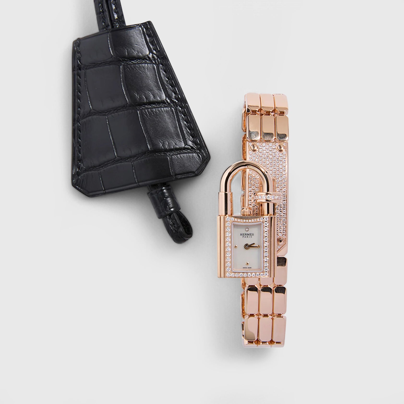 Hermès Kelly Mini Model Watch 16 mm Stainless Steel Rose Gold Hardware w/Diamond Buckle