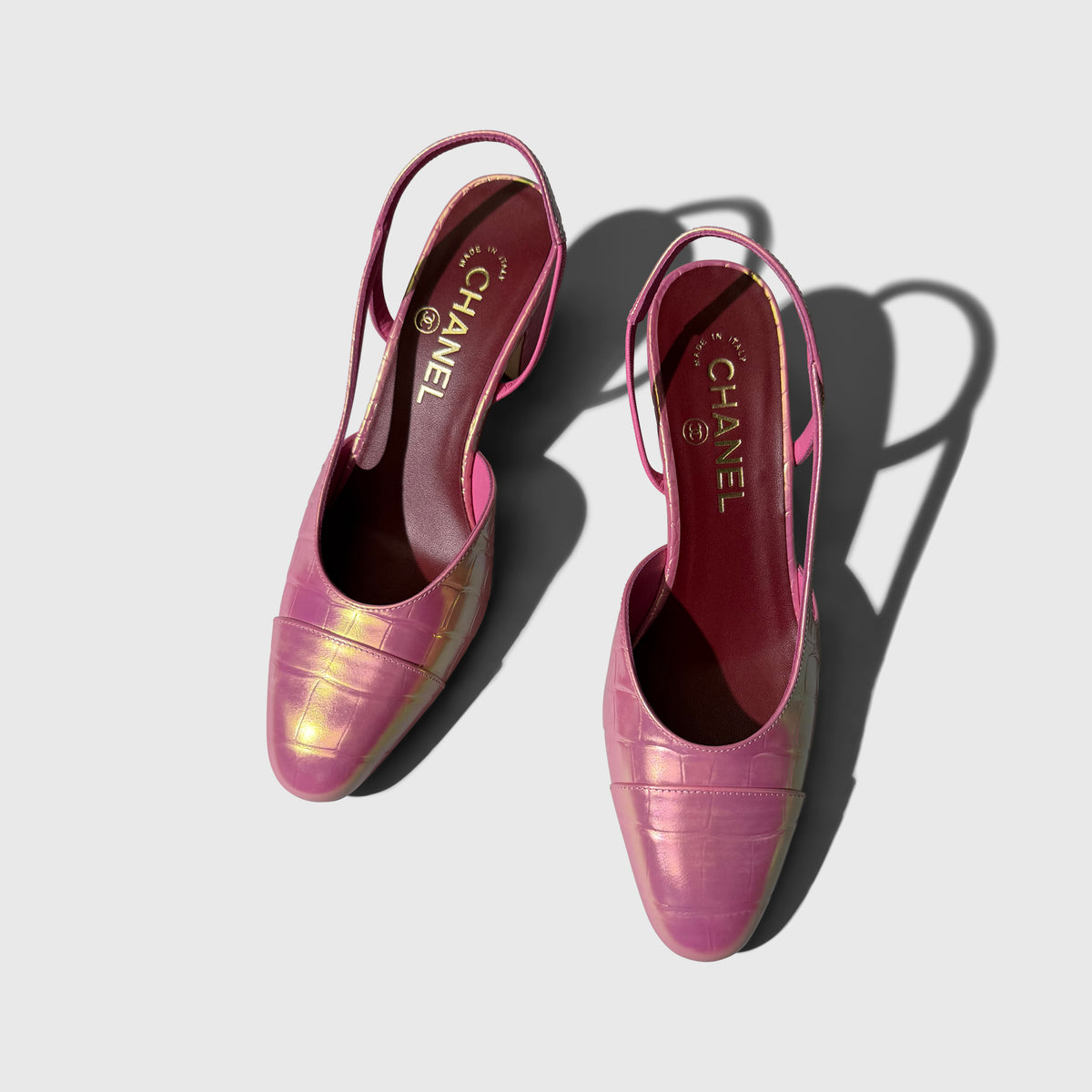 Chanel Croc Embossed Iridescent Slingbacks