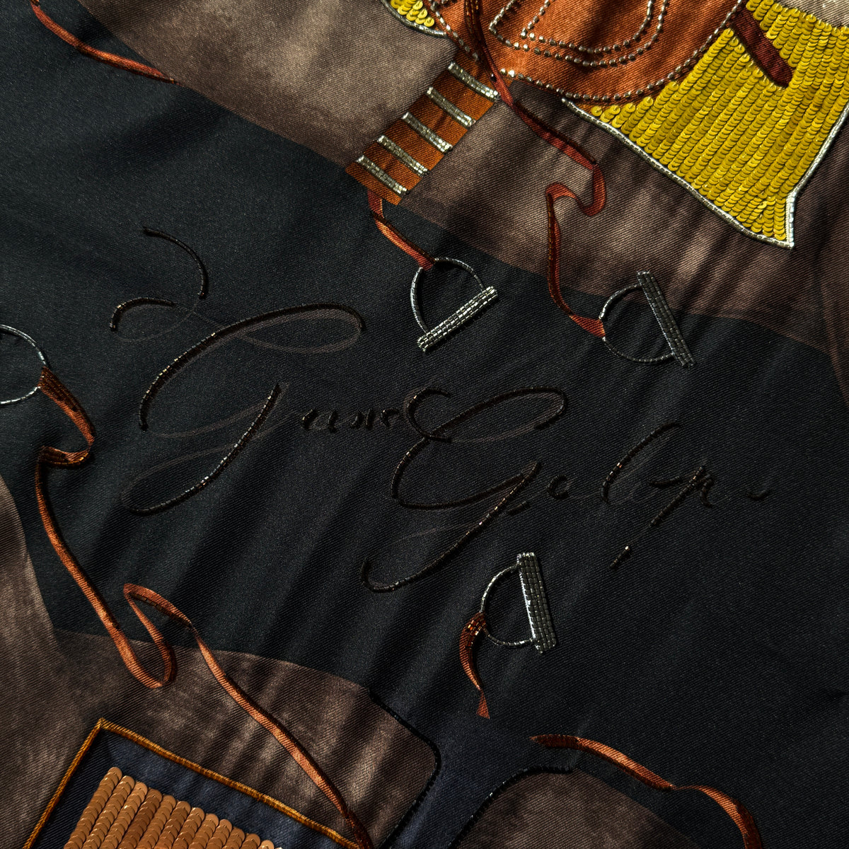Hermès Grand Galop Embroidered Scarf 90 Silk Noir/ Etoupe/ Terre De Sienne