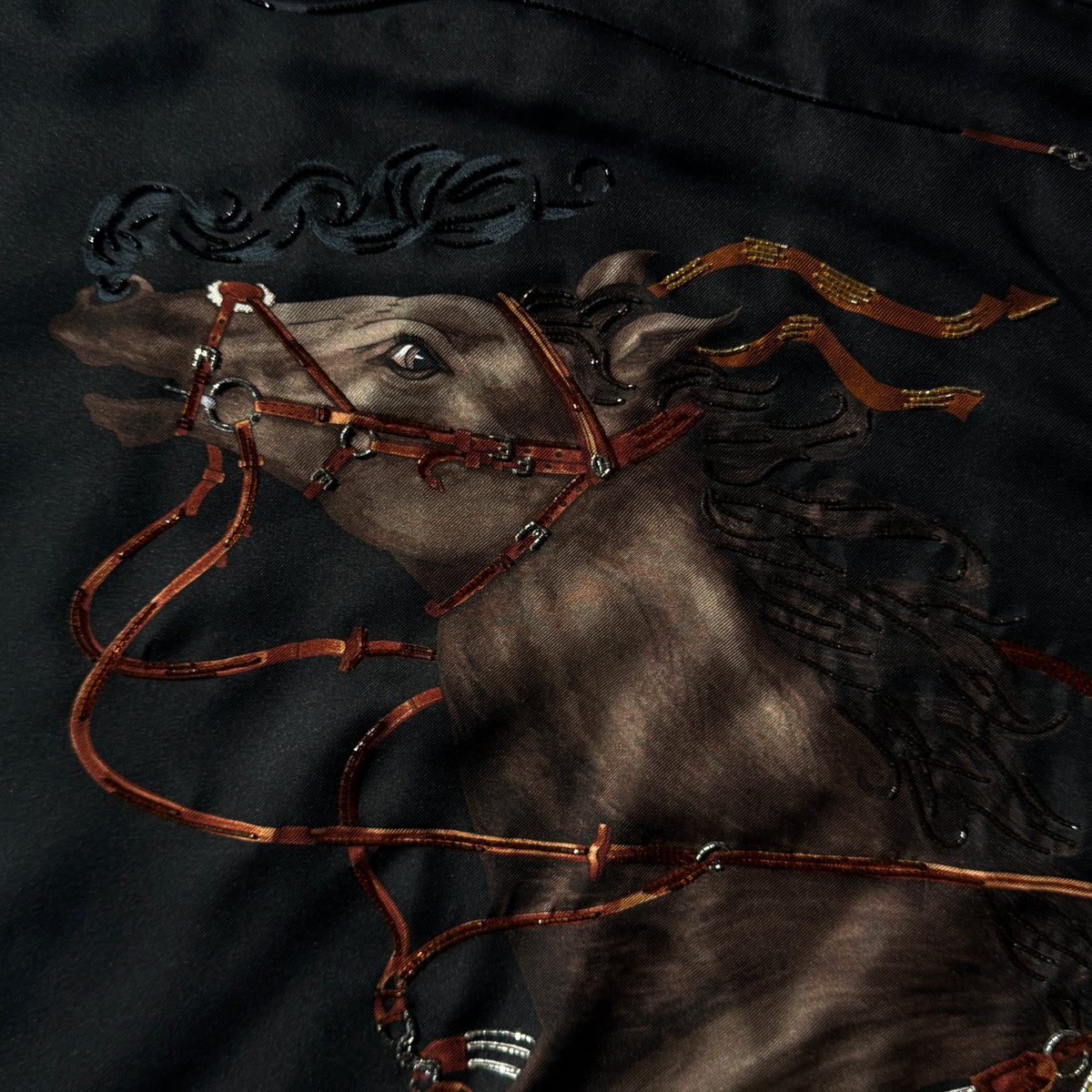 Hermès Grand Galop Embroidered Scarf 90 Silk Noir/ Etoupe/ Terre De Sienne