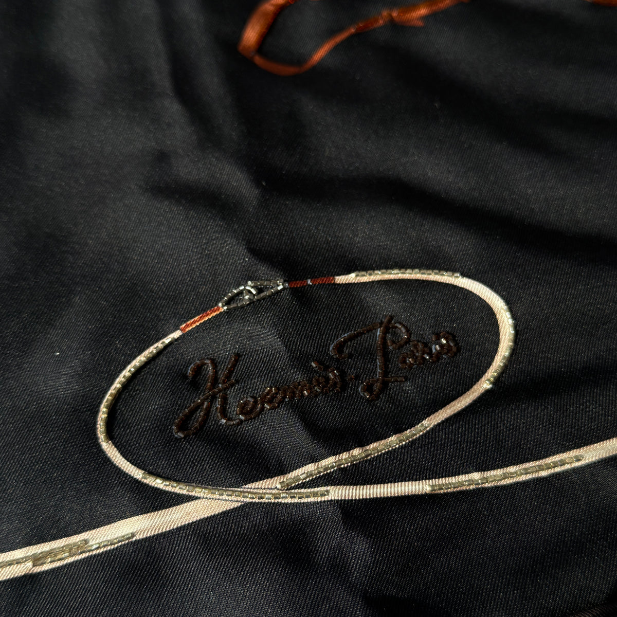 Hermès Grand Galop Embroidered Scarf 90 Silk Noir/ Etoupe/ Terre De Sienne