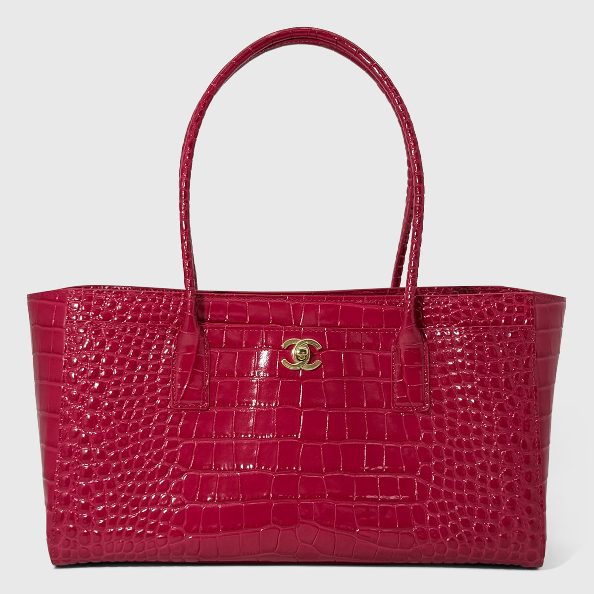 Chanel Tote Crocodile Embossed Small Calfskin Fuchsia Gold Tone Hardware
