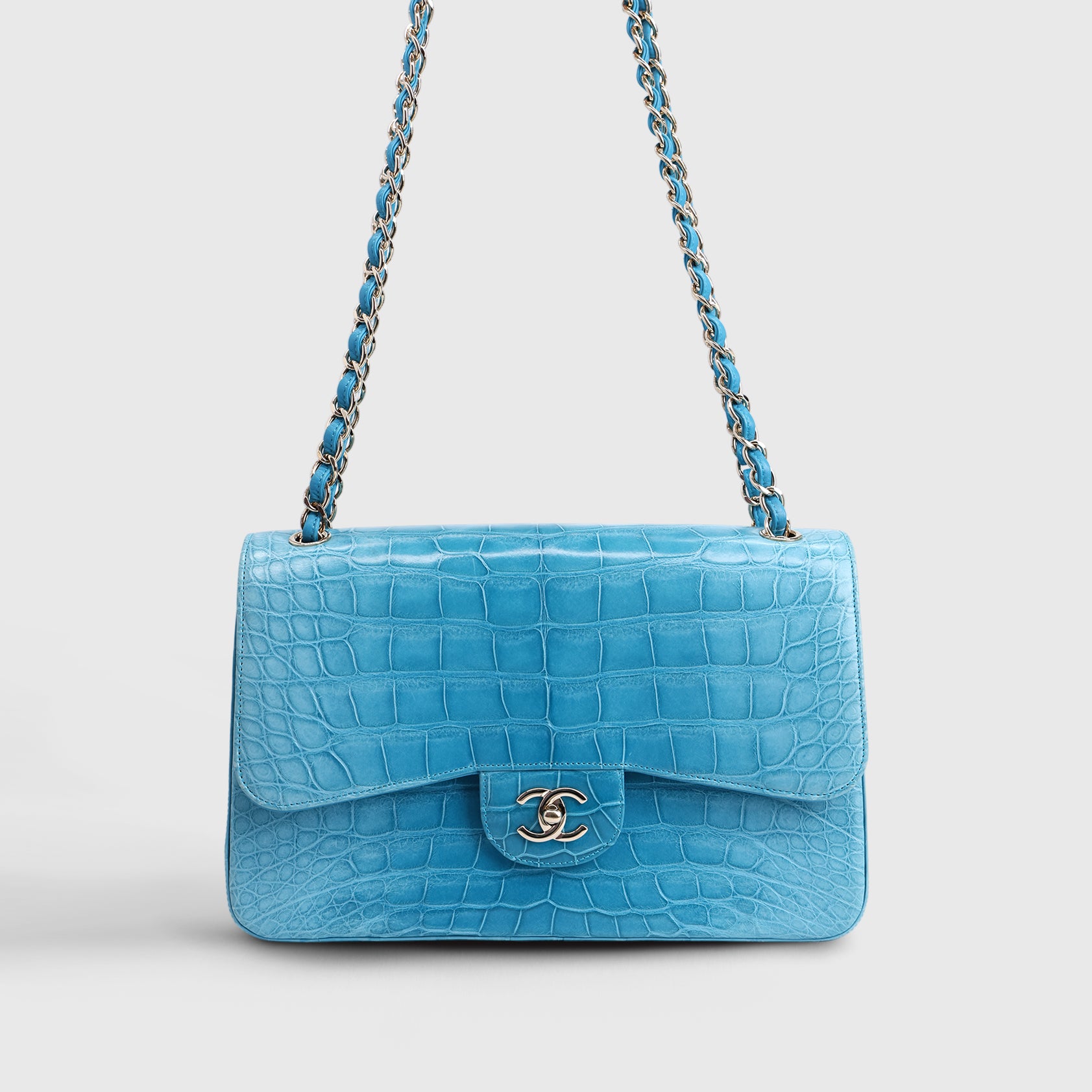 Chanel Classic Double Flapbag Jumbo Alligator Blue Gold Hardware Matte