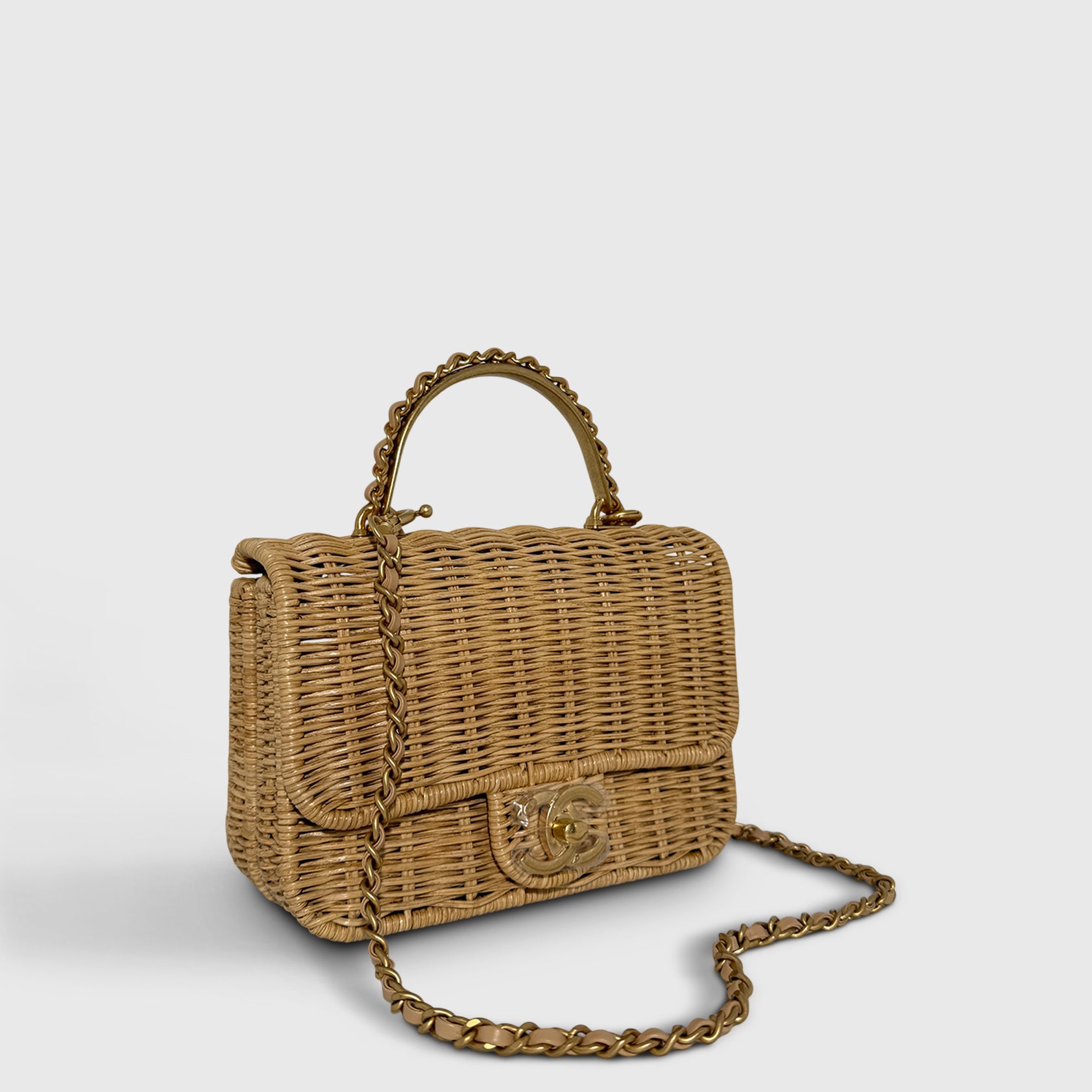 Chanel Braided Rattan Flapbag with Raffia Beige Gold Hardware