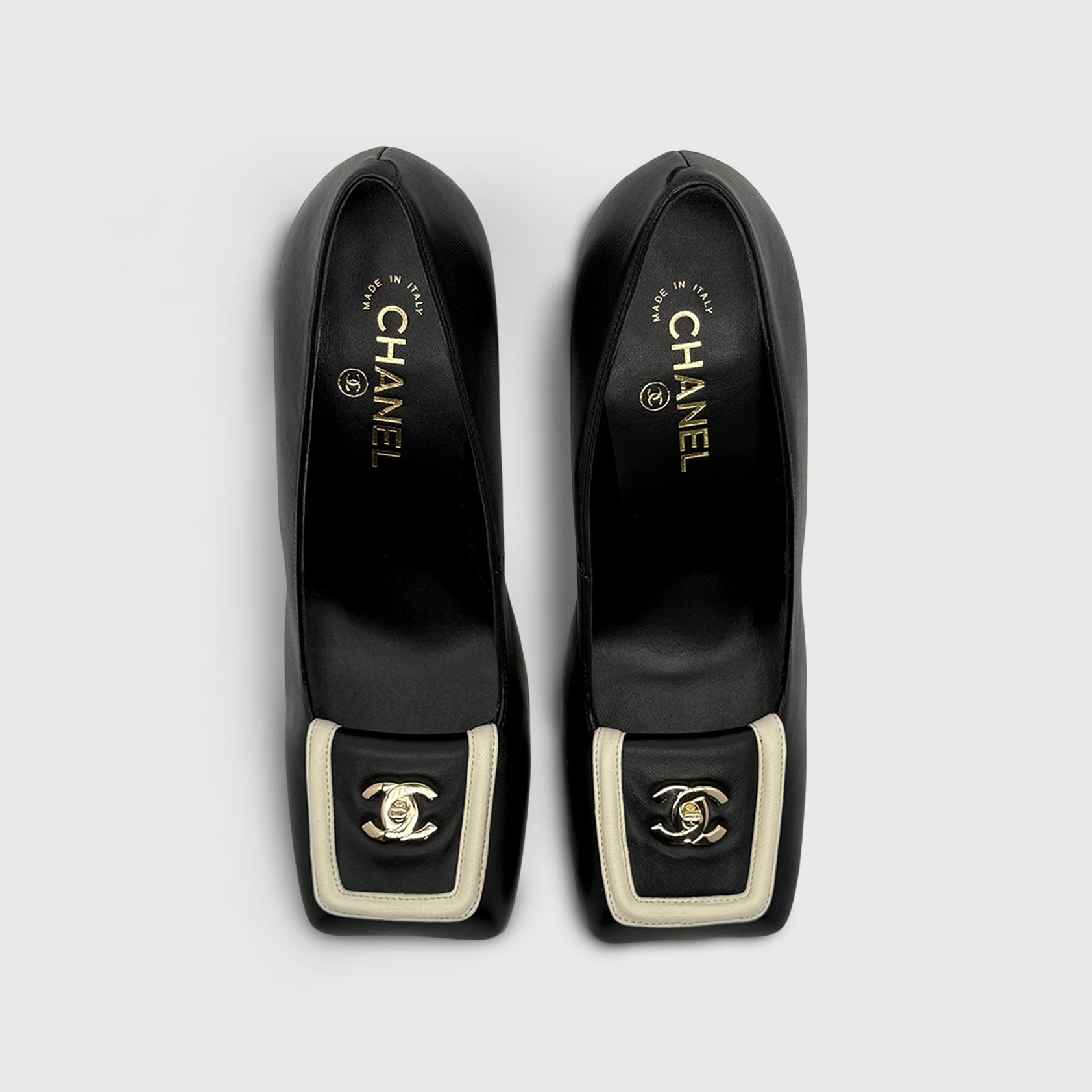 Chanel Heeled Pumps Square Toe Lambskin Black/Ecru