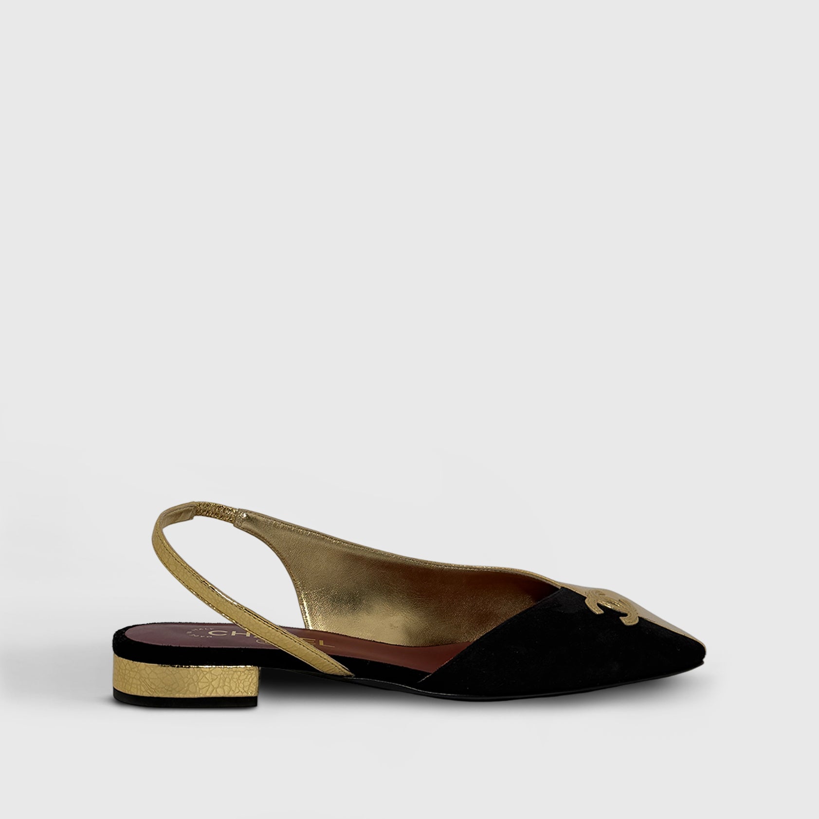 Chanel Slingbacks Flats square toe two tone Suede, Lambskin Black/gold