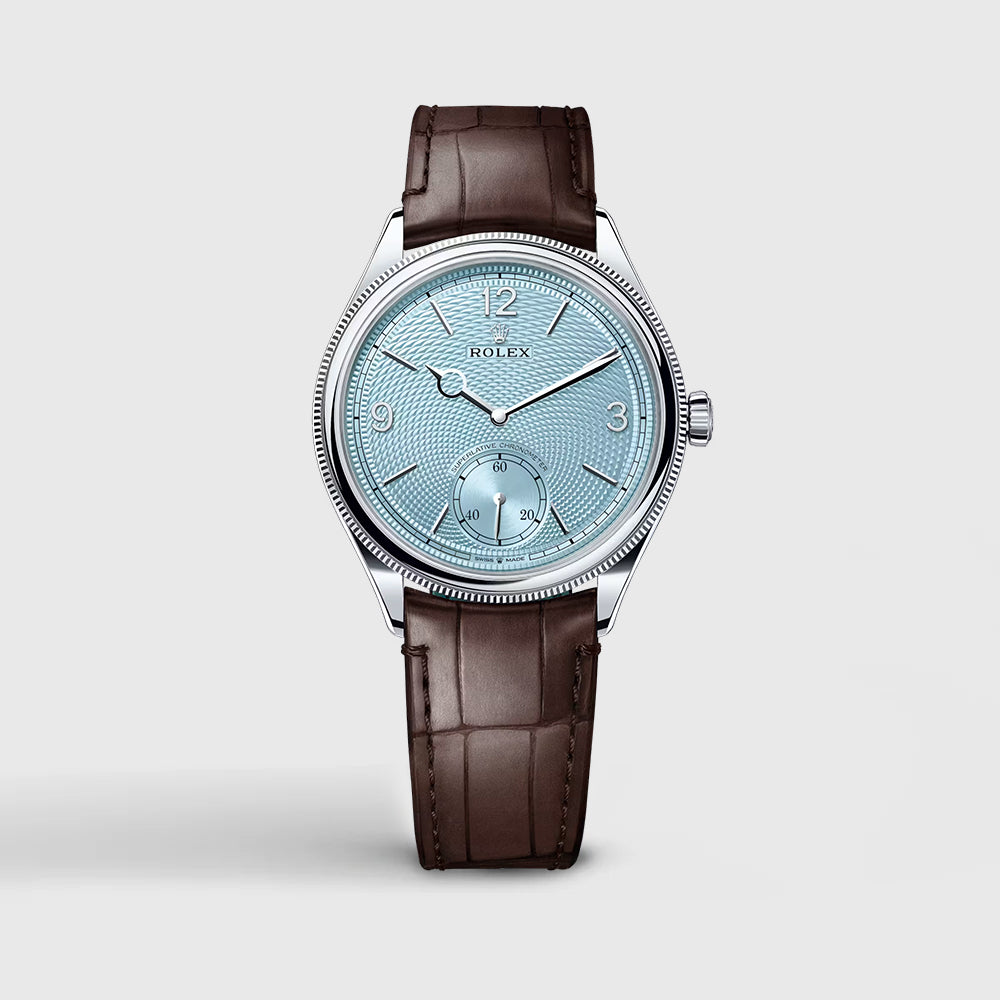 Rolex 1908 39mm Ice Blue Platinum Polished Finish, Brown Leather