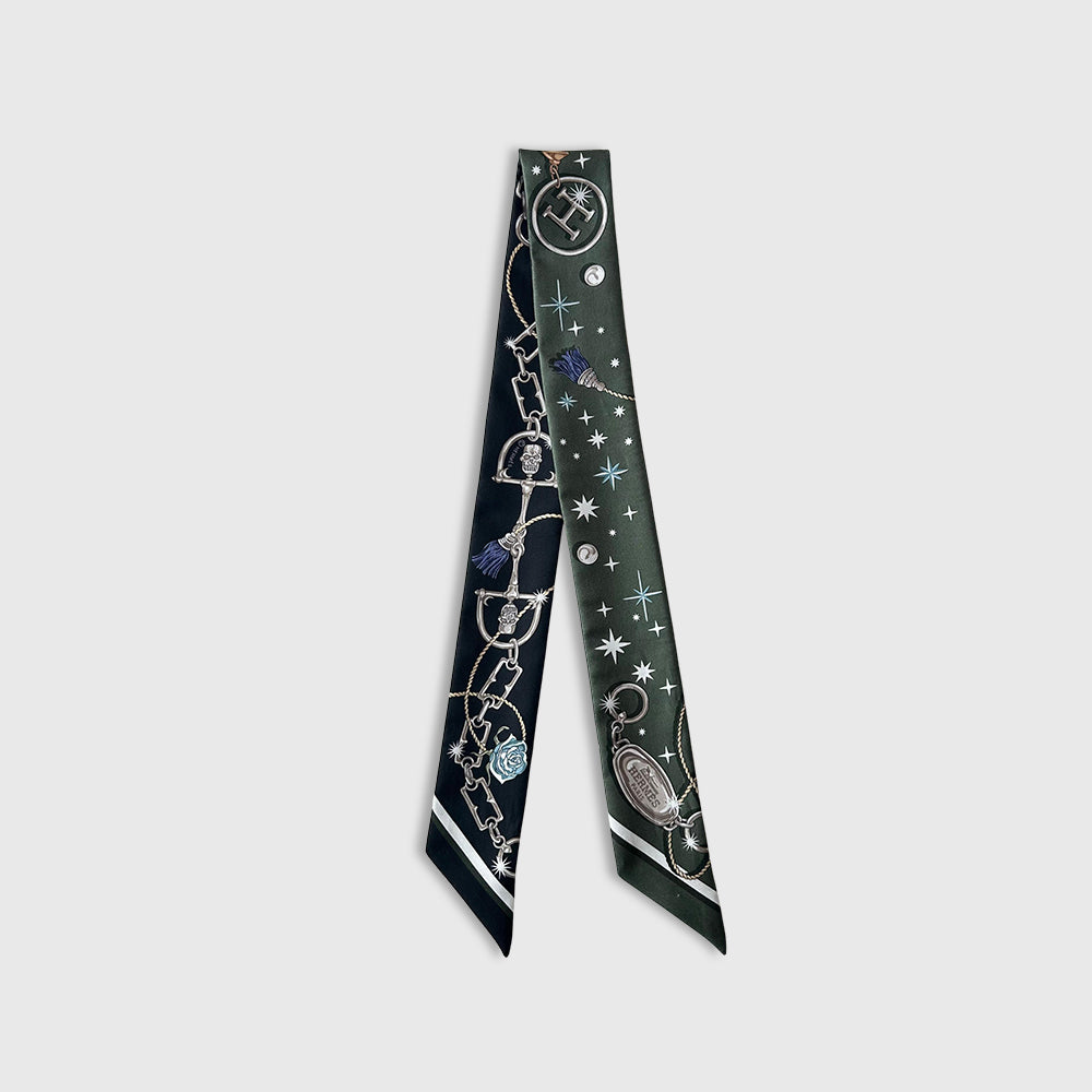 Hermès C'est la fe'te Green Black Silk Twilly