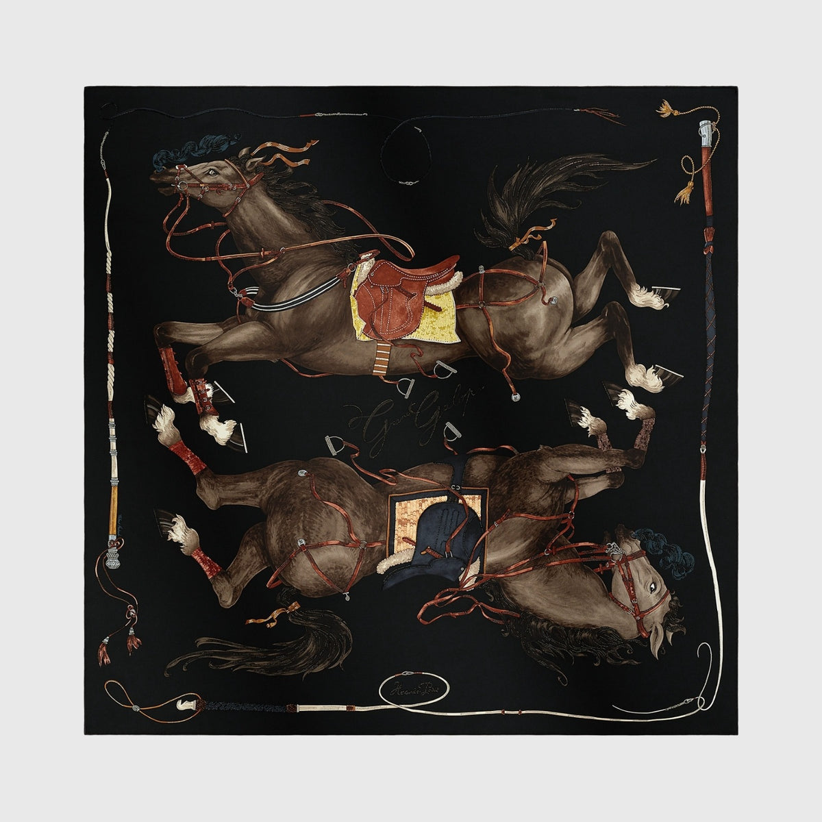 Hermès Grand Galop Embroidered Scarf 90 Silk Noir/ Etoupe/ Terre De Sienne